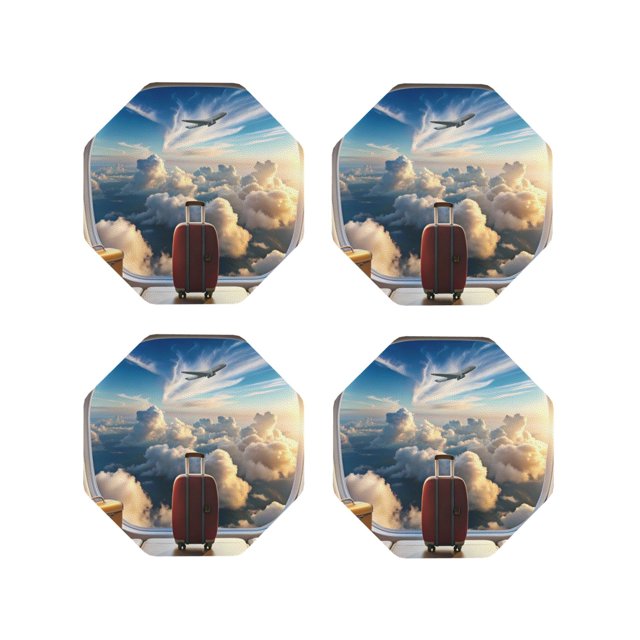 Vsdgher Sunset Airplane Travel View Print Leather Coasters for Drinks, Durable Drink Coasters 4 Set for Tabletop Protection, Luxurious Home Décor and Housewarming Gift-Octagon