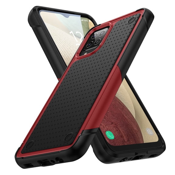 Nalacover Samsung Galaxy A12 5G Case, Heavy Duty 3 in 1 Rugged Shockproof Rugged Silicone Hybrid Hard PC Soft TPU Bumper Camera Raised Drop Protective Girls Women Boy Men Phone Covers, Red