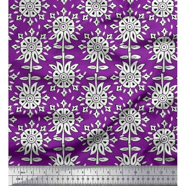 Soimoi Poly Georgette Fabric Leaves & Floral Block Print Fabric by Yard 52 Inch Wide