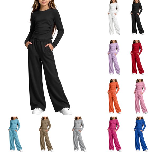 Qiggri Girls' 2 Piece Casual Outfit Set Crew Neck Long Sleeve Slim Fit Twist Shirt and Solid Wide Leg Pants Soft Stylish Autumn Winter Girls Clothing 11-12 Years