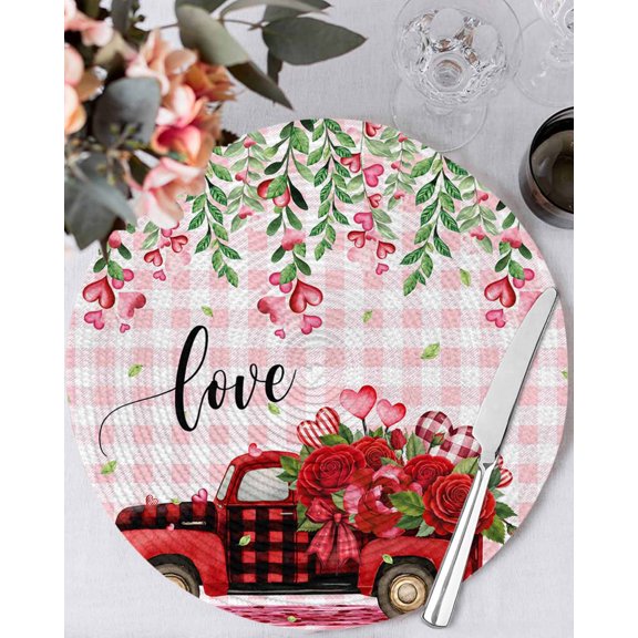 13 Inch Round Placemats Set of 4, Valentine's Day Non Slip Heat Insulation PP Table Mats, Red Truck Roses Love Leaves Pink Plaid Washable Place Mats for Kitchen Dining Party Table Decor