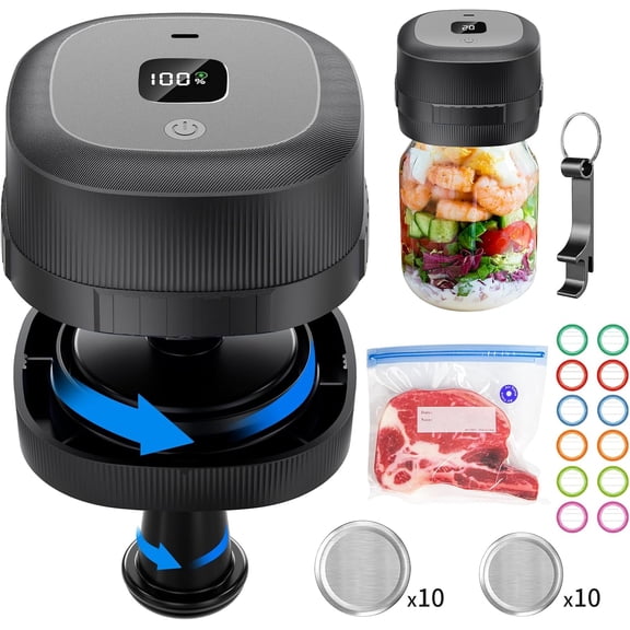 Electric Mason Jar Vacuum Sealer - 85Kpa Strong Suction, 3-in-1 Design, Compatible with Wide & Regular Mouth Mason Jars (Black)