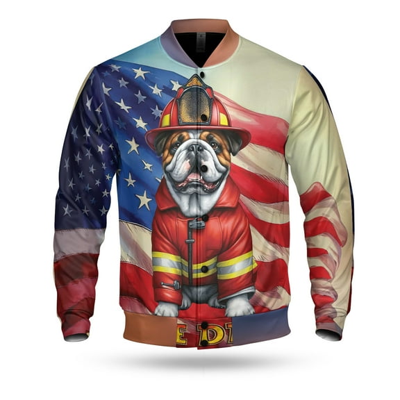 Firefighter Bulldog Hero Rescue Fire Dept Fireman USA Flag All Over Print 3D Baseball Jacket Dog Lover Gifts Idea Bomber Jacket Softball - 02026