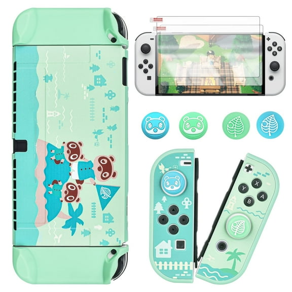 Protector Case for Switch OLED, JoyCons Controller Skin Accessory with 4 Thumb Grip Caps and 2 Screen Protector-Green