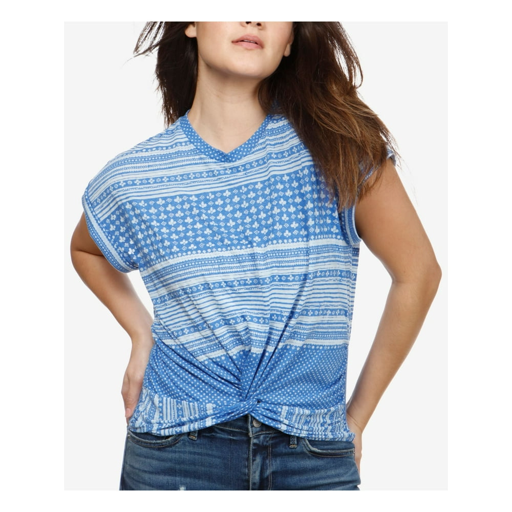 Lucky Brand - LUCKY BRAND Womens Blue Printed Twist Hem Short Sleeve ...