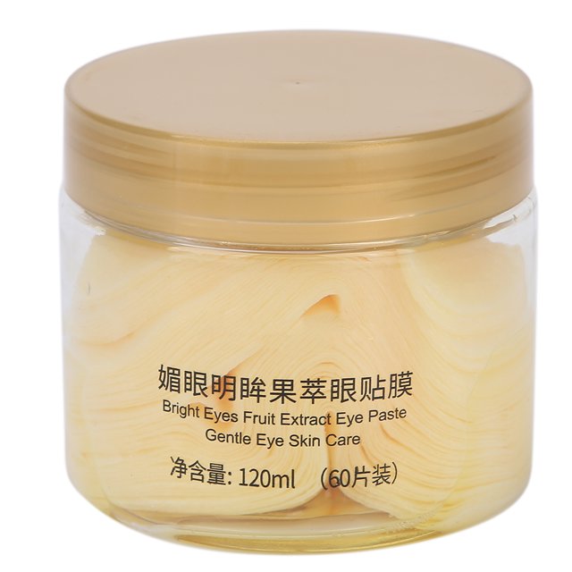 moisturizing eye mask nourishing eye patches eye skin care mask fruit extract moisturizing eye mask refreshing hydrating nourishing eye patches 120ml importado Anggrek tarro frontal con tapa dorada, tarro plástico translúcido lleno de parches oculares en forma de media luna amarillo pálido; etiqueta en chino e inglés y contenido neto 120ml (60 piezas). Adecuado para hidratar y nutrir el contorno de ojos, a menudo usado como tratamiento de viaje.