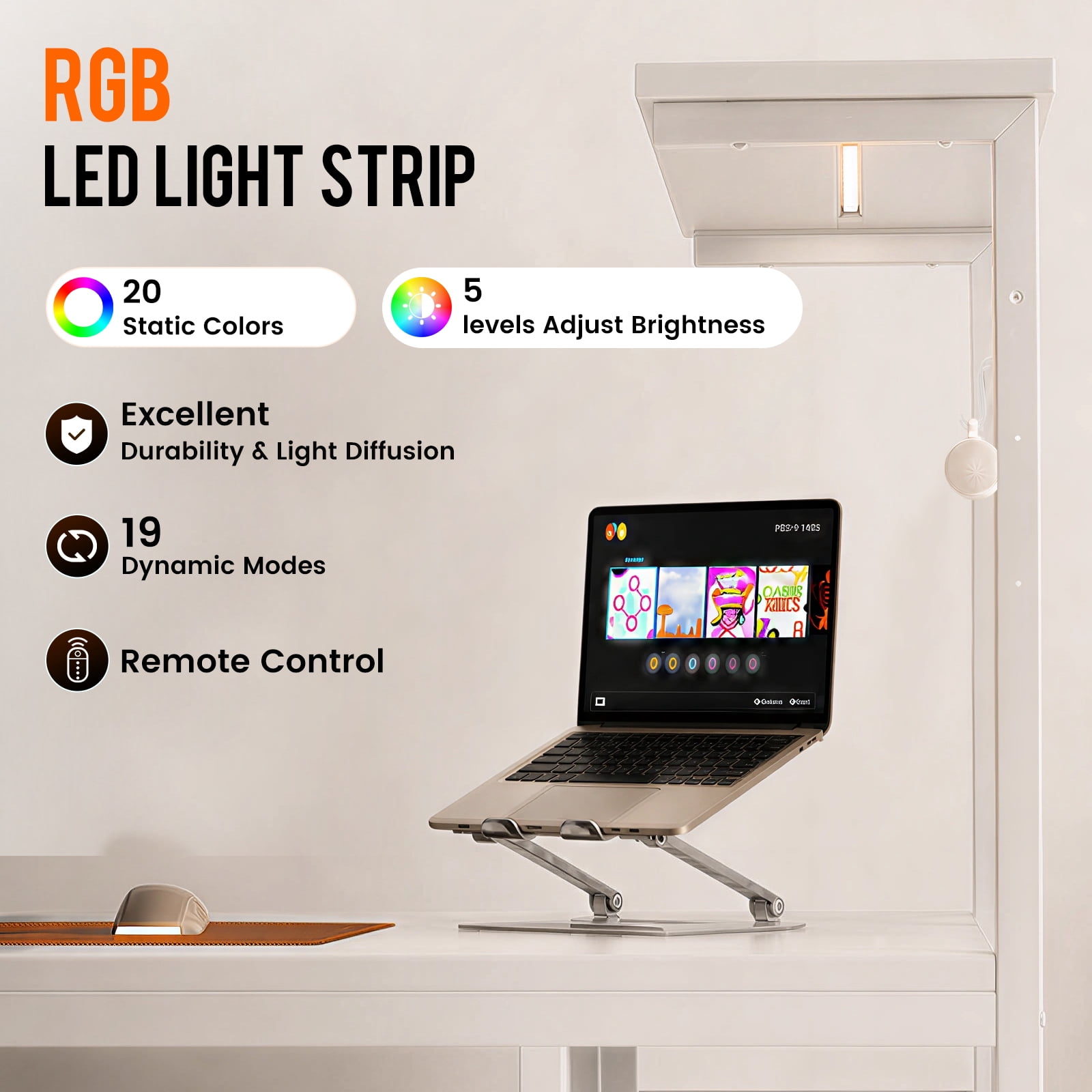 CLOUDREST PRO 44-Inch Computer Desk with LED Lights and 4-Tier Storage Shelves, White