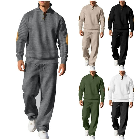Txeol Men's Ribbed Knit Henley Sweatsuit with Elbow Patches 2 Piece Long Sleeve Sweatshirts and Straight Leg Pants Sets Lightweight Outdoor Loungewear Suits,M,Gray