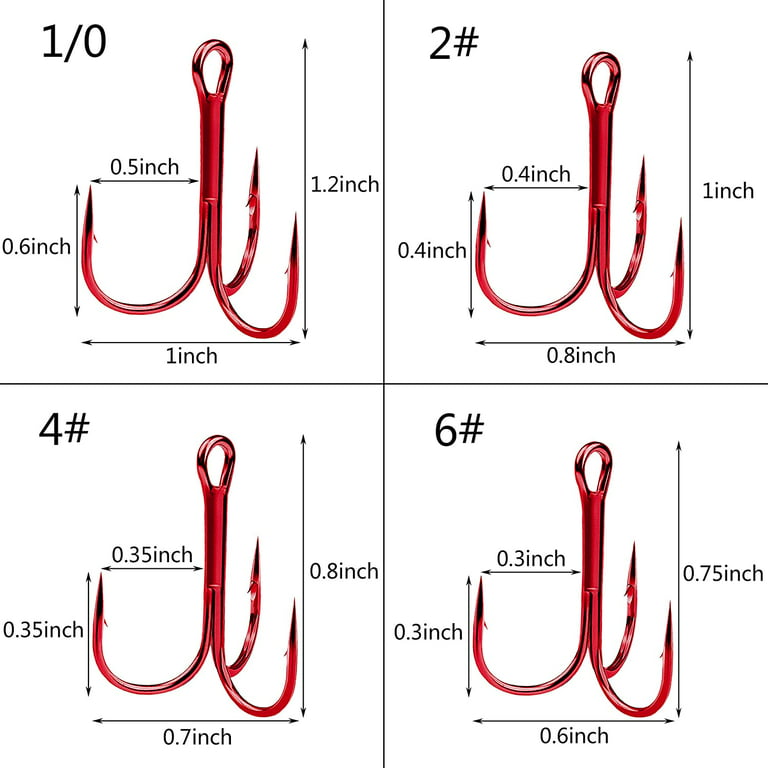 Fishing Red Treble Hooks,100pcs Sharp Round Bend Barbed Treble Hook  High-Carbon Steel Hooks for Bass Trout Saltwater Freshwater Size 10#