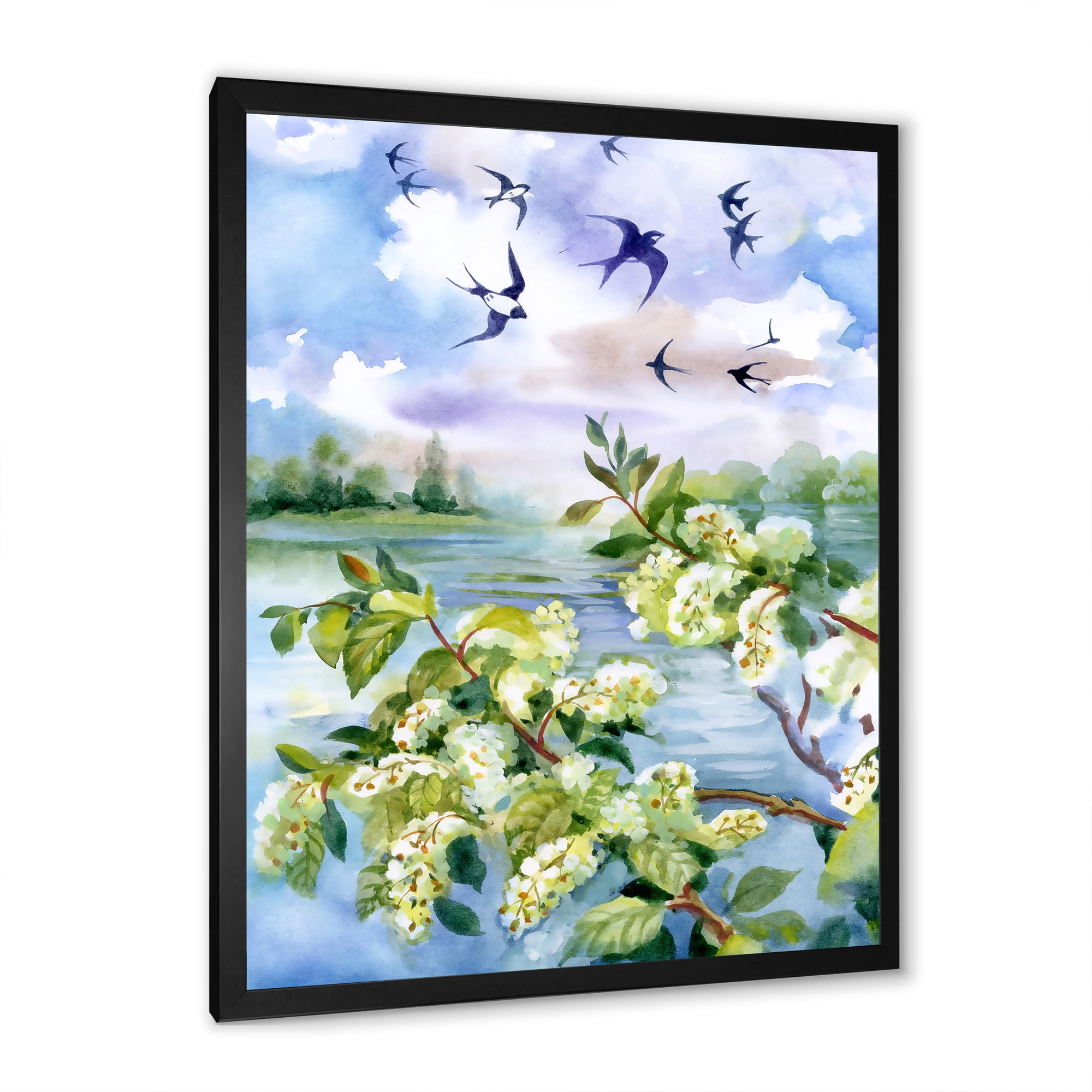 Flowers of The Cherry Blossoms On A Spring Day Landscape 12 in x 20 in Framed Painting Canvas Art Print, by Designart