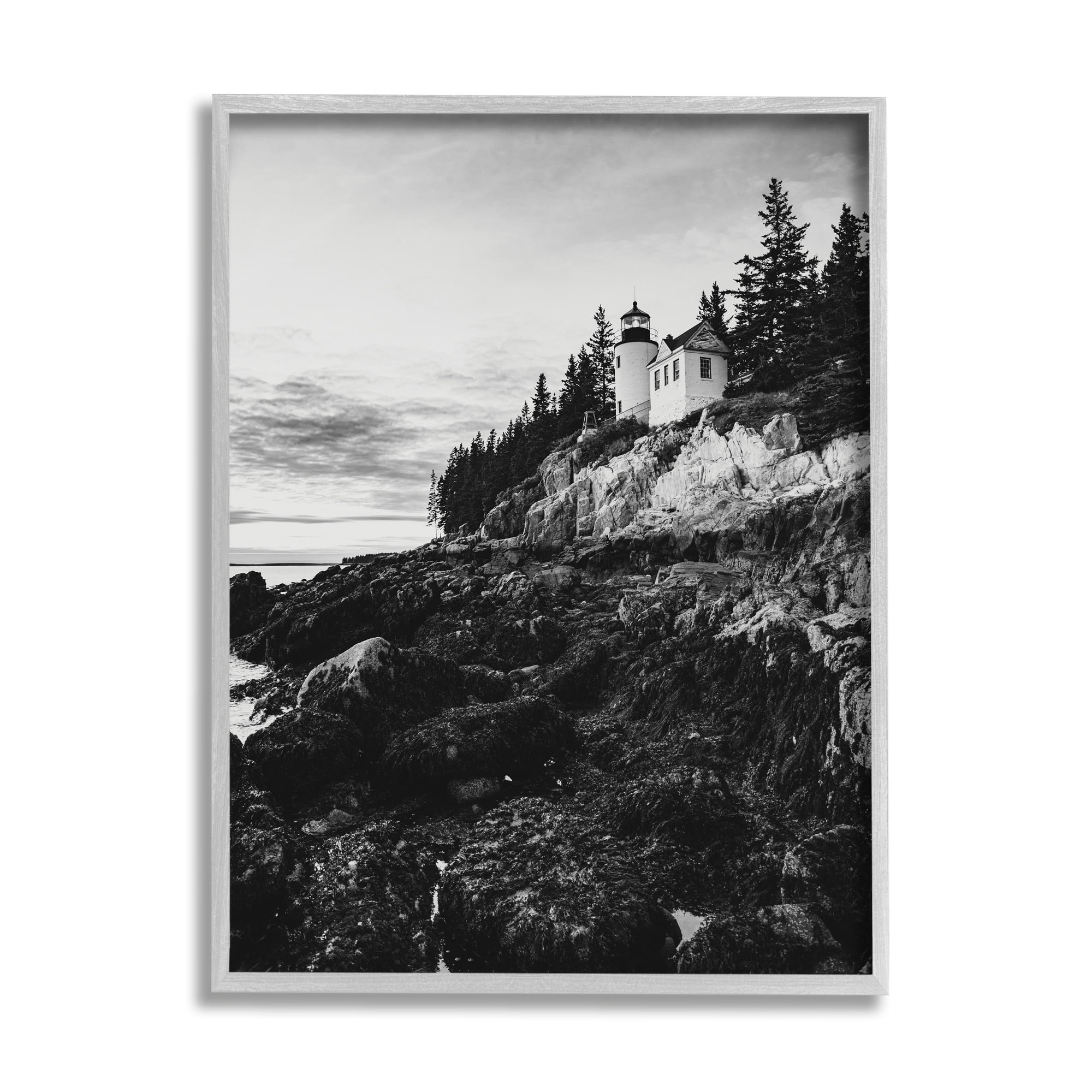 Stupell Industries Monochrome Rocky Shoreline Beach Clouds Lighthouse Photography Framed Wall Art, 16 x 20, Design by Daniel Sproul