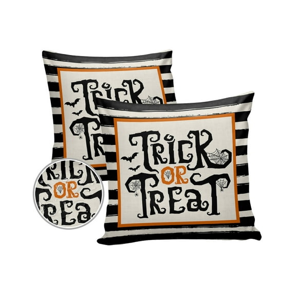 Pack of 2 Outdoor Pillow Covers, Halloween Trick or Treat Black Stripes Waterproof Square Throw Pillowcase Cushion Decorative Pillow Covers for Couch Patio Tent, 18x18 in