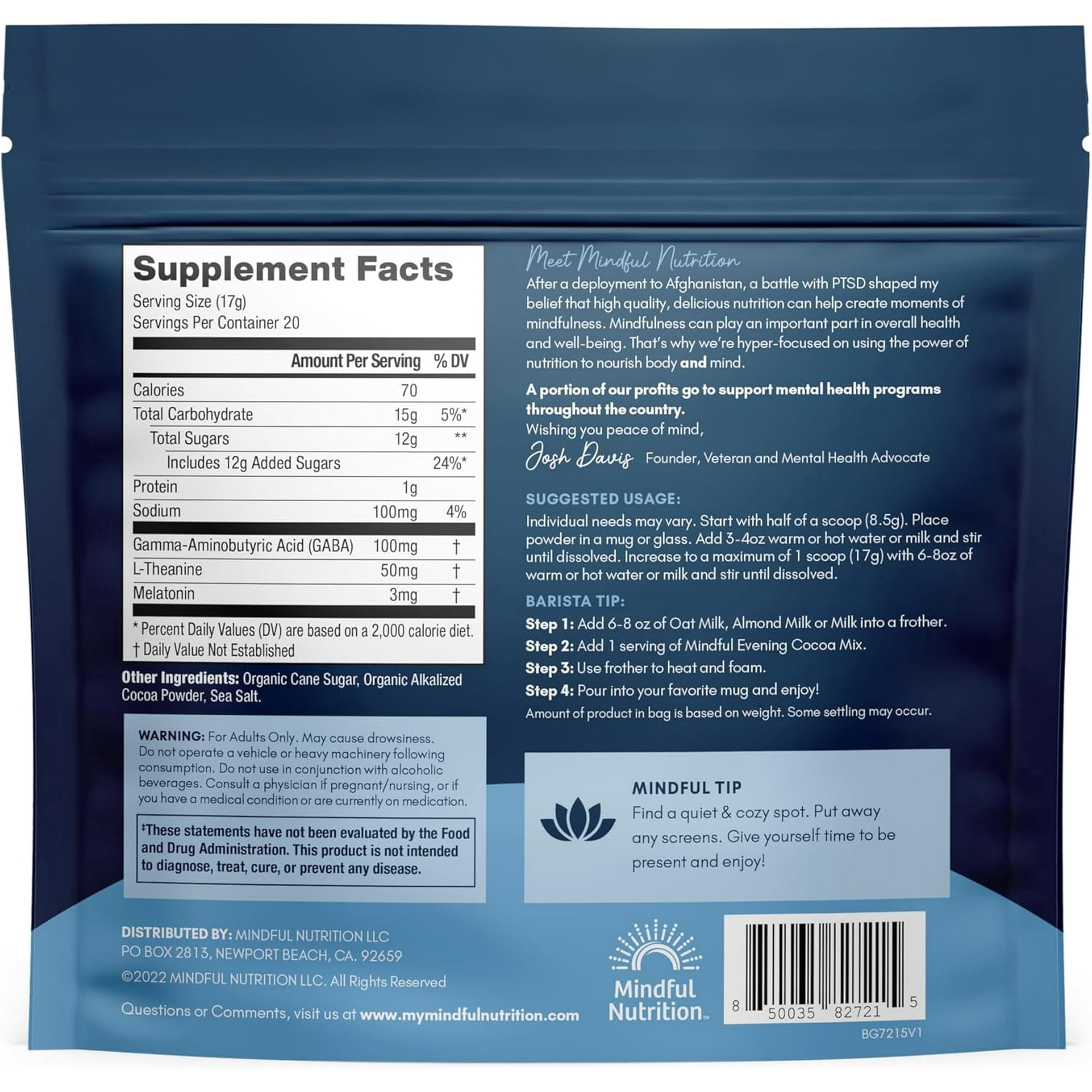 Mindful Nutrition Evening Cocoa Mix with Melatonin, L-Theanine & GABA, 12 oz
