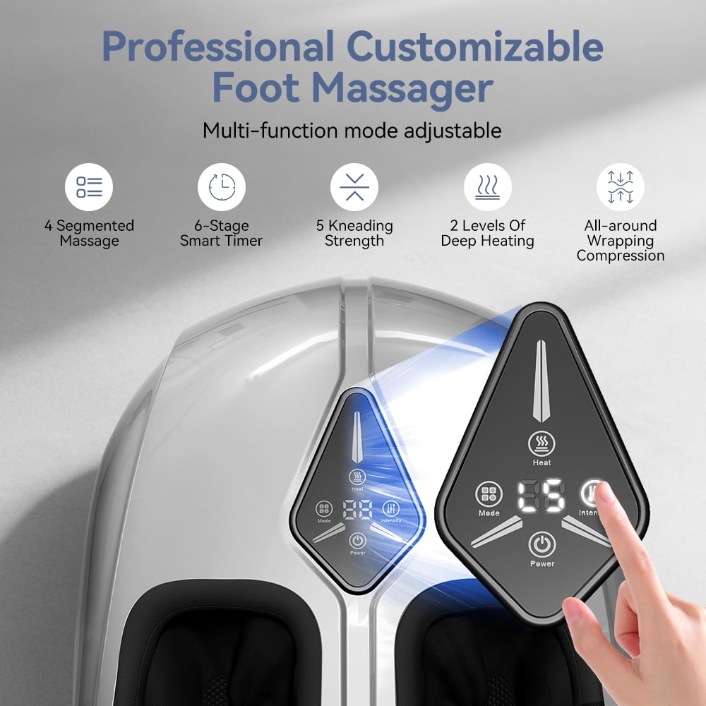 Foot Massager with Heat, Caveen Shiatsu Feet Massager Machine with 4 Modes & 5 Intensities, Auto-off Timers, Relax for Home or Office, Silver