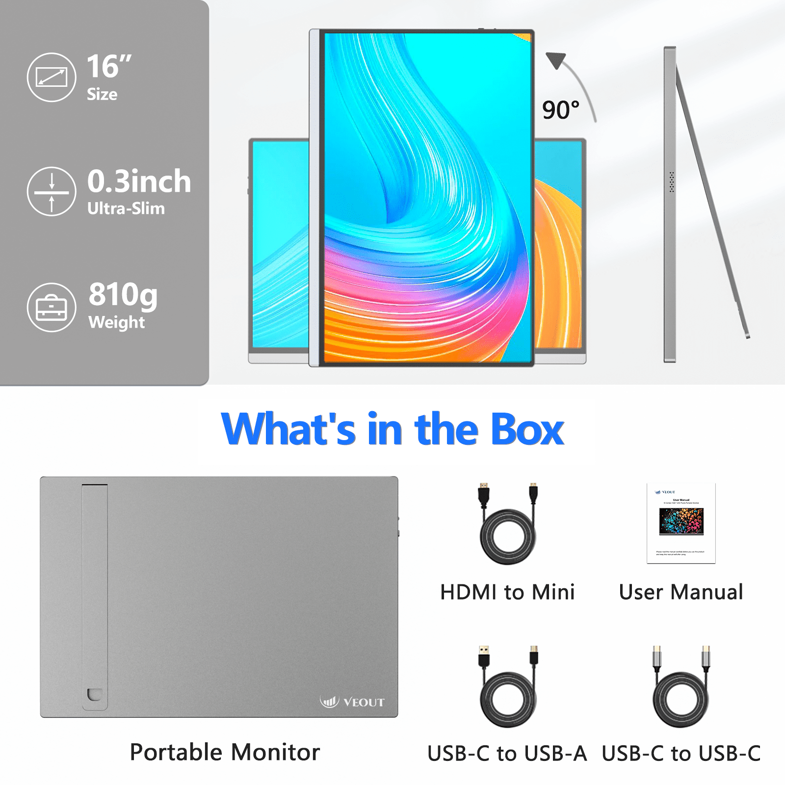 VEOUT 16" 1920×1200P Portable Monitor - IPS Kickstand Ultra-Slim, USB-C/HDMI for Laptop Gaming/Office/Travel