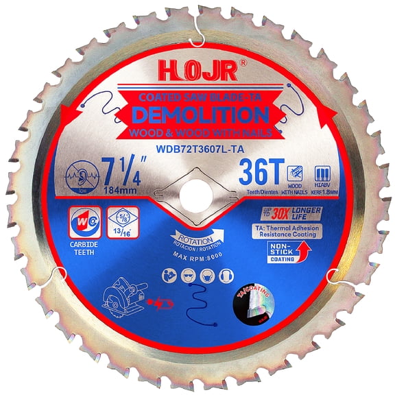 HOJR 7-1/4" 36 Tooth Demolition Circular Saw Blade, 5/8" Arbor, Demolition/Framing Wood Cutting Saw Blade, with Special Anti-Stick Coating-TA, 7-1/4" 36T 5/8"