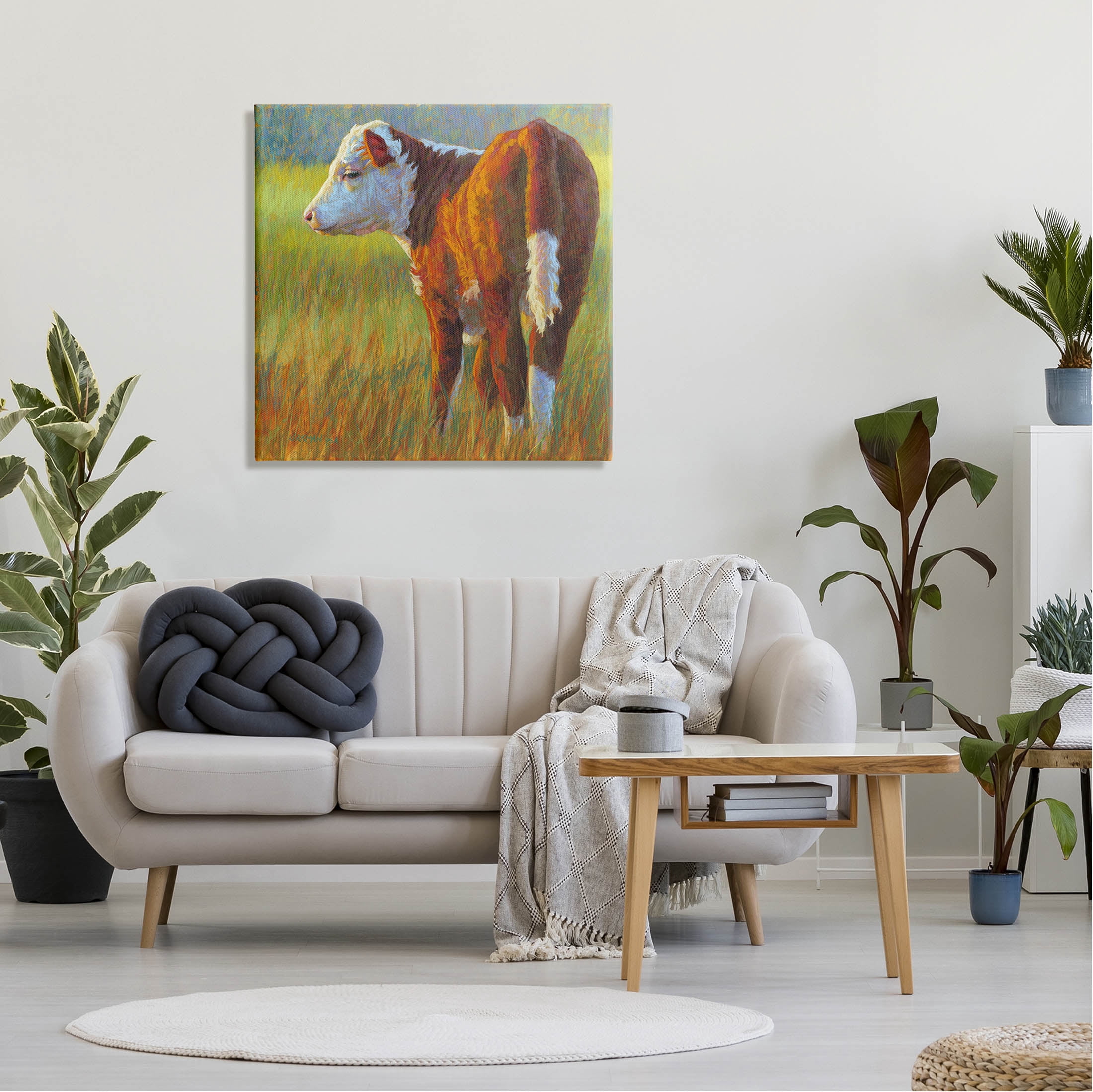 Cow Grazing Grassy Farm Animals & Insects Painting Gallery Wrapped Canvas Print Wall Art