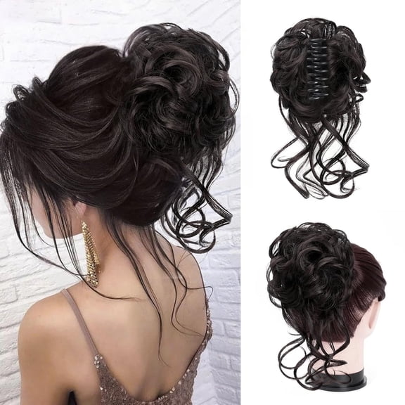 Foaoit Claw Clip Messy Bun Hair Pieces for Women Messy Wavy Curly Hair Bun Extensions Updo Bun Hair Clip in Synthetic Hair Bun Ponytail Extension (Darkest Brown Tend to Black)