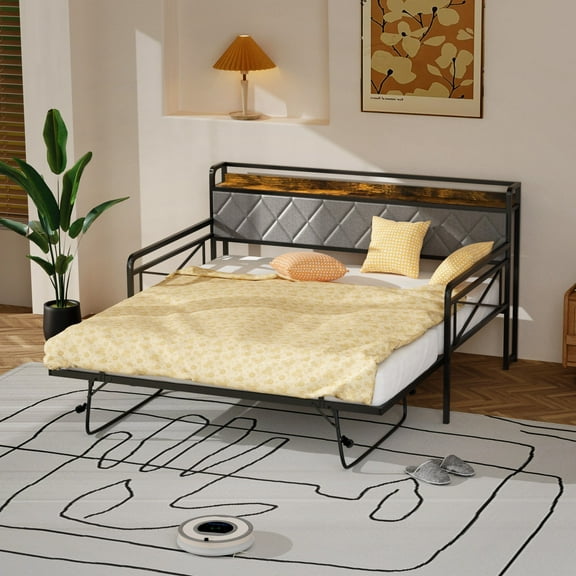 UBesGoo Metal Daybed Frame Twin Size, Storage Upholstered Headboard with Charging Station, Daybed with Trundle for Living Room Bedroom Guest Room Gray