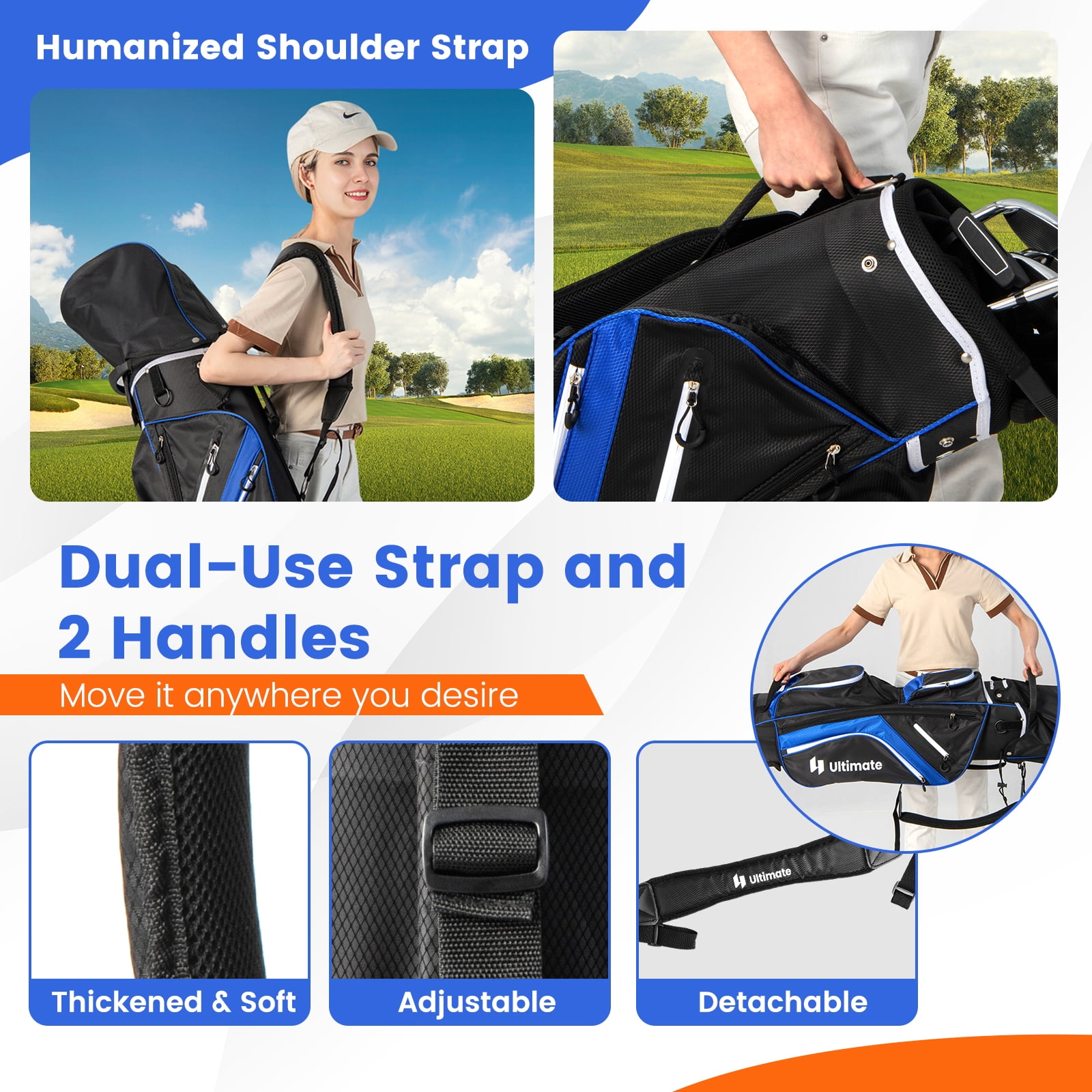 Topbuy 14-Way Golf Cart Bag Golf Club Bag with 14 Ways Organizer Divider Top 9 Zippered Pockets Cooler Bag Umbrella Holder Blue