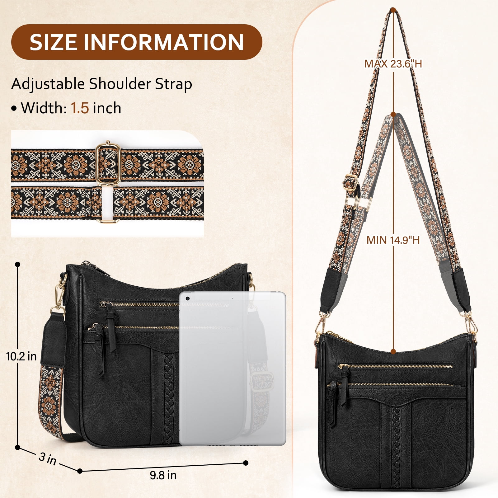 RAINSMORE Crossbody Bags for Women Leather Shoulder Handbags Trendy Crossbody Purses Soft Lightweight Travel Purse,Black