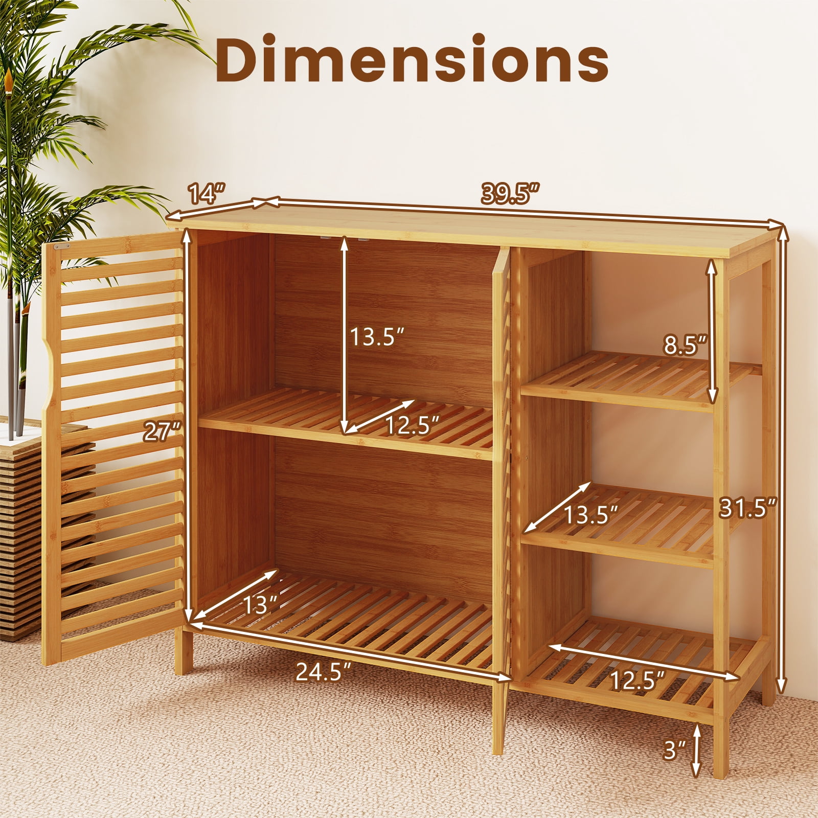 Gymax Bamboo Bathroom Cabinet 2-Door Storage Organizer w/ Shelves Natural