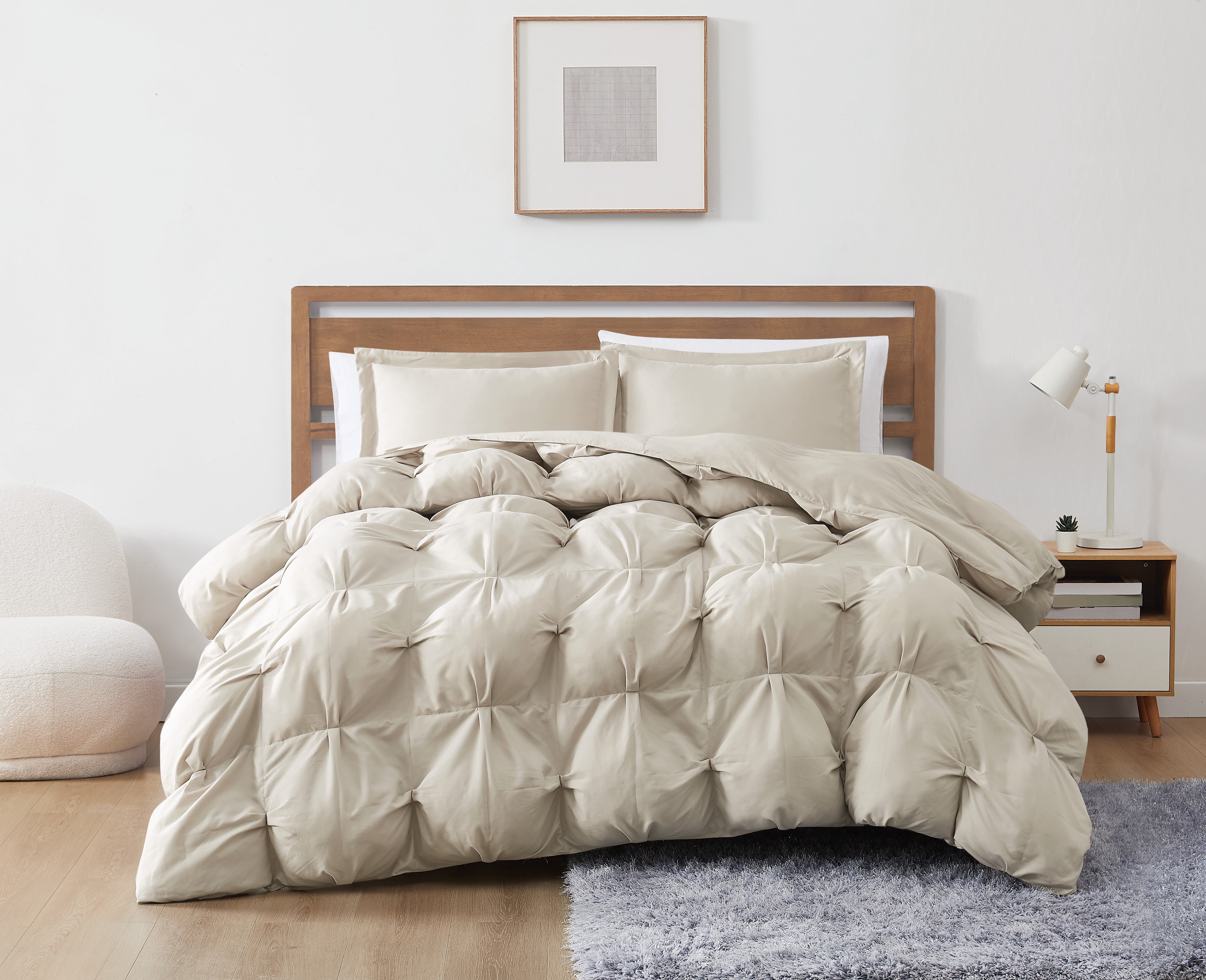 Truly Soft Cloud Puffer Boxed Pleat 100% Microfiber Polyester Beige 3-Piece Full/Queen Comforter Set, Solid Casual themed, Adult Bedding, OEKO-TEX Certified