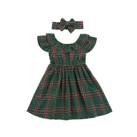 

Baby Girl Fashion Plaid Dress Short Sleeve Round Neck Ruffle Plaid A-Line Midi Green