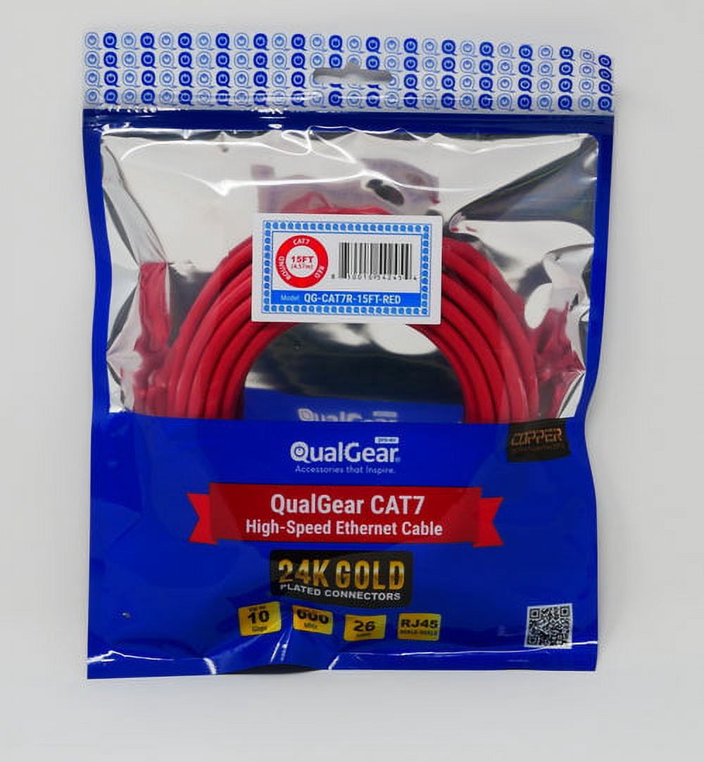 QualGear RJ45 Cat 7 Ethernet Patch Cable, 10Gpbs High-Speed Cable, 600MHz, Triple-Shielded, Round, 15 Feet, Red