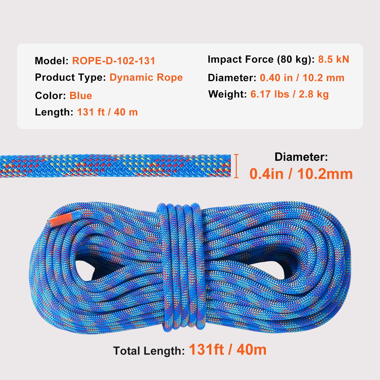 KFFKFF 10.2mm Dynamic Rope, 40M for Outdoor Climbing, 25KN Tension, Flexible Fiber with Steel Hooks for Escape, Rappelling, Fire Rescue, Blue