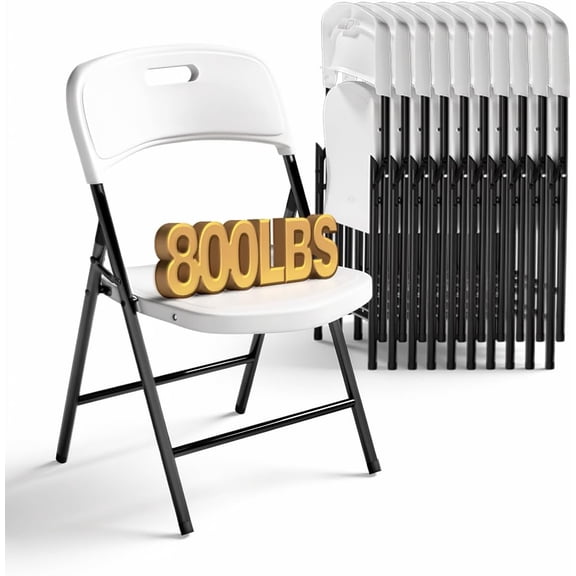 Folding Chairs, 800lbs Capacity, Heavy-Duty Commercial Stackable Plastic Foldable Chairs for Indoor/Outside, Office, Kitchen, Party, Patio(White, 10 Pack)