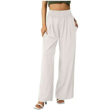 

Womens Wide Leg Pants Casual Smocked High Waisted Split Hem Yoga Pants Comfy Palazzo Trousers Pajamas with Pockets
