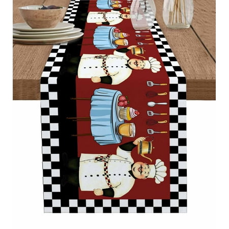 Fat Chef Burlap Cotton Table Runner 16×72 Inches Long Black White Checkered Farmhouse Red Kitchen Cook Farmhouse Table Runners Outdoor Dining Tablecloths Decor for Baby Shower/Party/Wedding