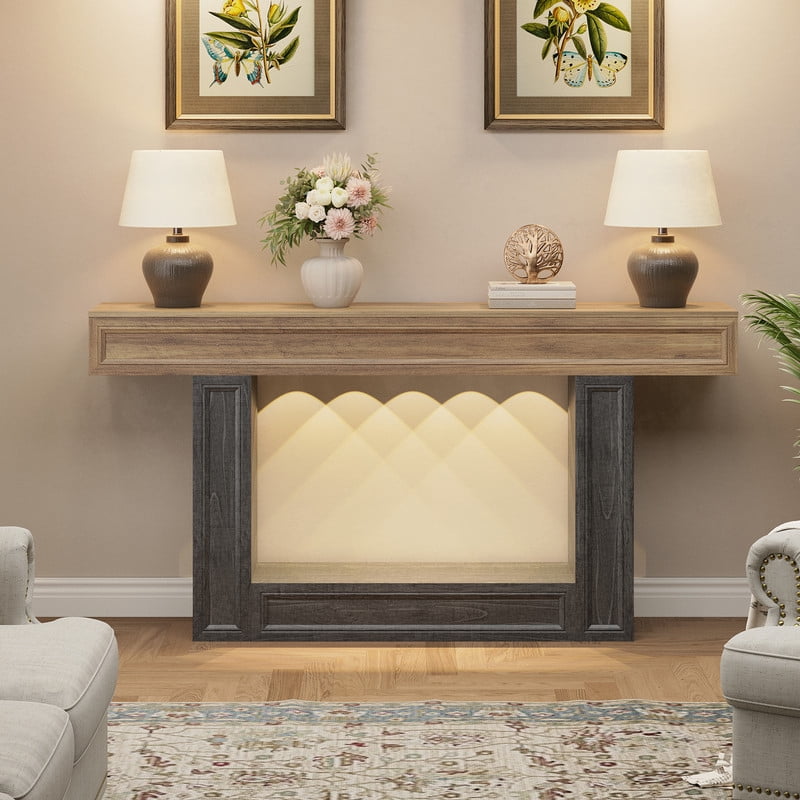 PLAMLE 63 Inch 2-Tier Console Table with Sensor Lights, U-Shaped Base Sofa Table for Entryway, Hallway, Living Room, Foyer, Narrow Small Spaces