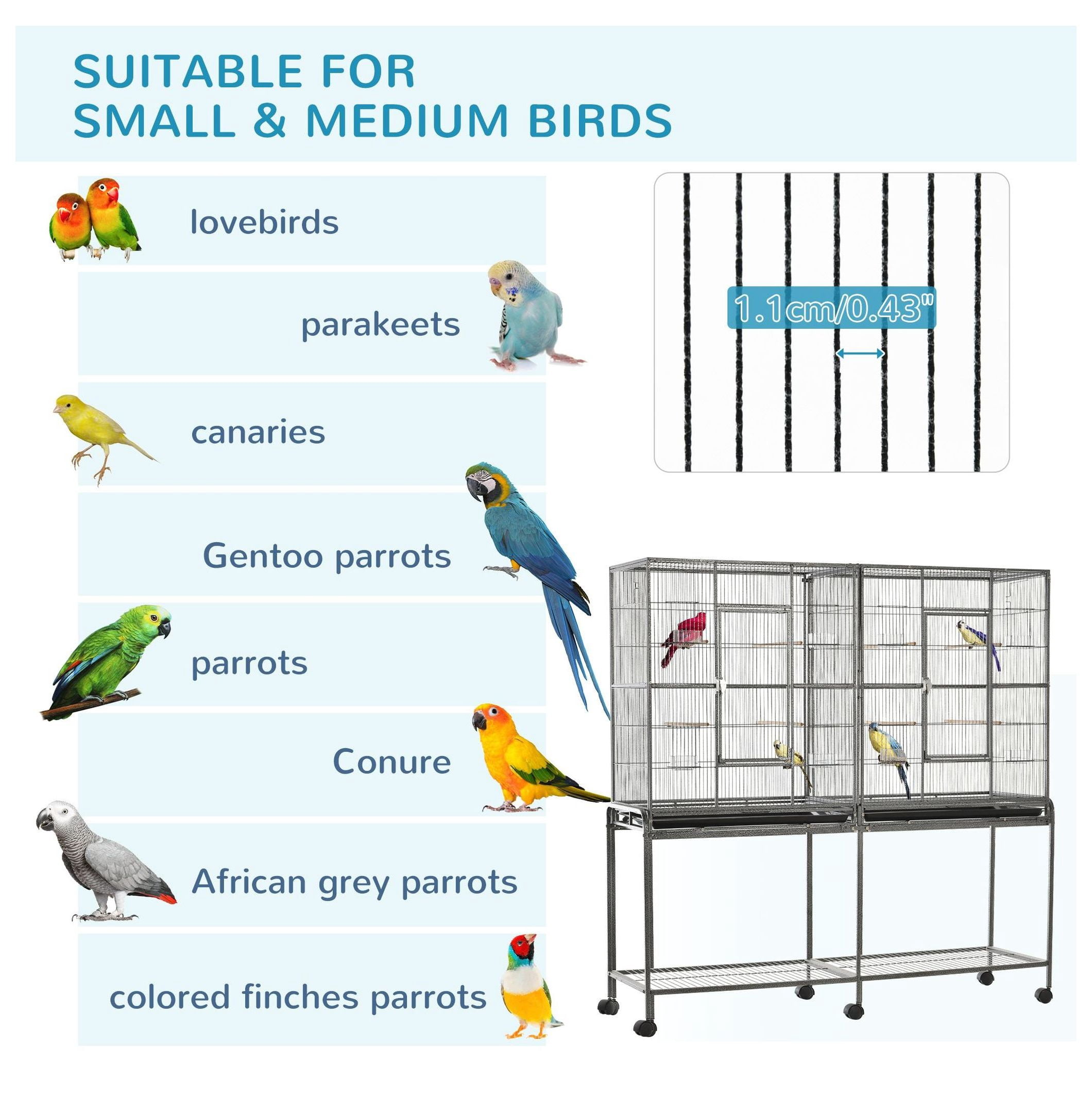 65" Large Rolling Bird Cage, Metal Bird House with Stand - Indoor Parrot Cockatiel Bird Cages for Small Medium Birds, Detachable Cage w/Wheels