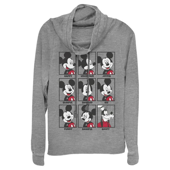 Junior's Mickey & Friends All Emotions Grid  Cowl Neck Sweatshirt