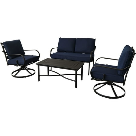 Hanover Montclair 4-Piece All-Weather Outdoor Patio Chat Set 2 Swivel Rocker Side Chairs Loveseat and Coffee Table Thick Cushions Conversation Set - MCLR4PC-NVY