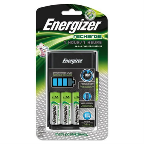 Chargeur Energizer AA/AAA 1 heure avec 4 piles rechargeables AA NiMH  (charge les piles AA ou AAA en 1 heure ou moins) - Emballage peut varier 