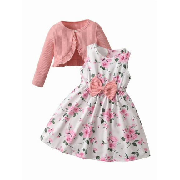 Toddler Baby Girls Clothes Solid Long Sleeve Tops   Sleeveless Floral Bow Dress Outfit Set Pink 2-3 Years