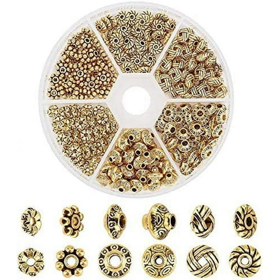 300pcs Antique Golden Spacer Beads 6 Style Tibetan Metal Jewelry Beads Loose Spacer Beads for Bracelet Necklace Jewelry Making Supplies(5.5-6.5mm)