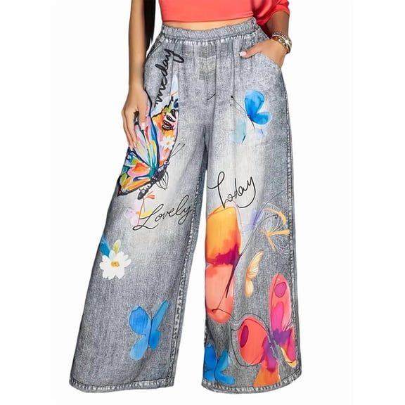 Women'S Summer High Waist Floral Print Loosse Wide Leg Pants with Pockets Grandma Gray S