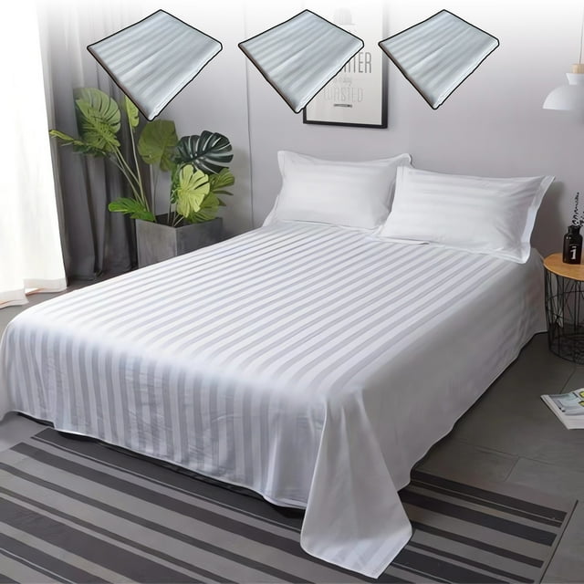 Sábanas De Poliéster Sábana plana de poliéster con rayas de satén blanco de 180x230 cm para camas Queen y King, suave, transpirable y de fácil cuidado (1 pieza). Rkxzt