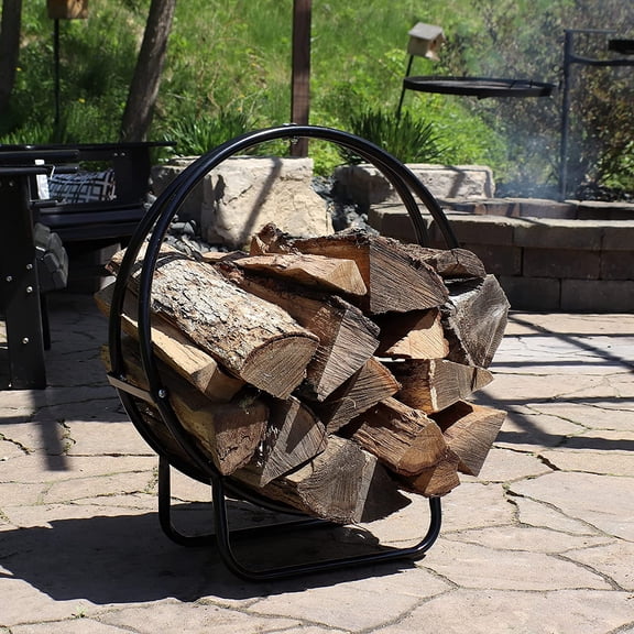 24-Inch Outdoor Firewood Rack Hoop - Indoor Round Tubular Steel Fireplace Wood Holder - 300-lb Capacity