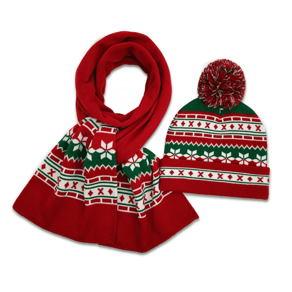 VINTURBLE Christmas Scarf Hat Set, Very Warm Knitted Christmas Hanging Ball Hat Red Christmas Scarf Set Suitable For Adults And Children