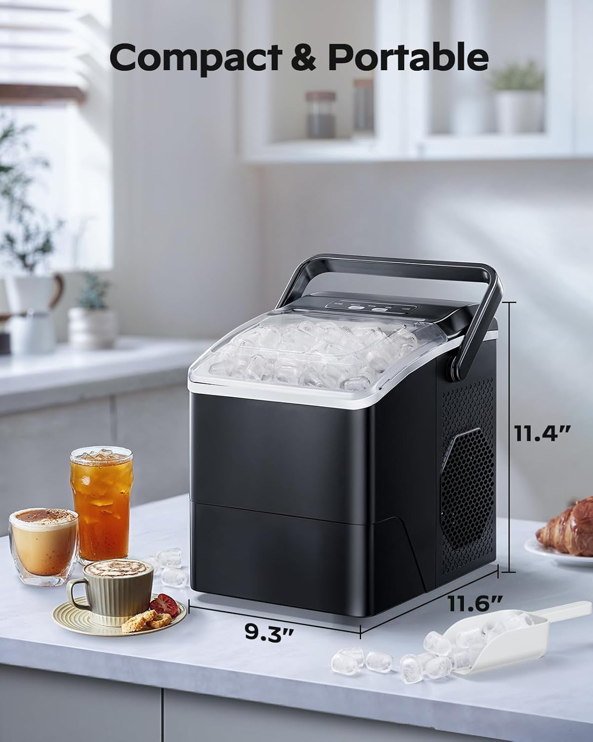 Ice Maker Countertop, 9 Cubes Ready in 6 Mins, 26 lbs per Day, Ice Machine with 2 Ice Sizes and Self-Cleaning, Portable Ice Maker with Handle for Home, Kitchen, Camping, RV, Office, Black