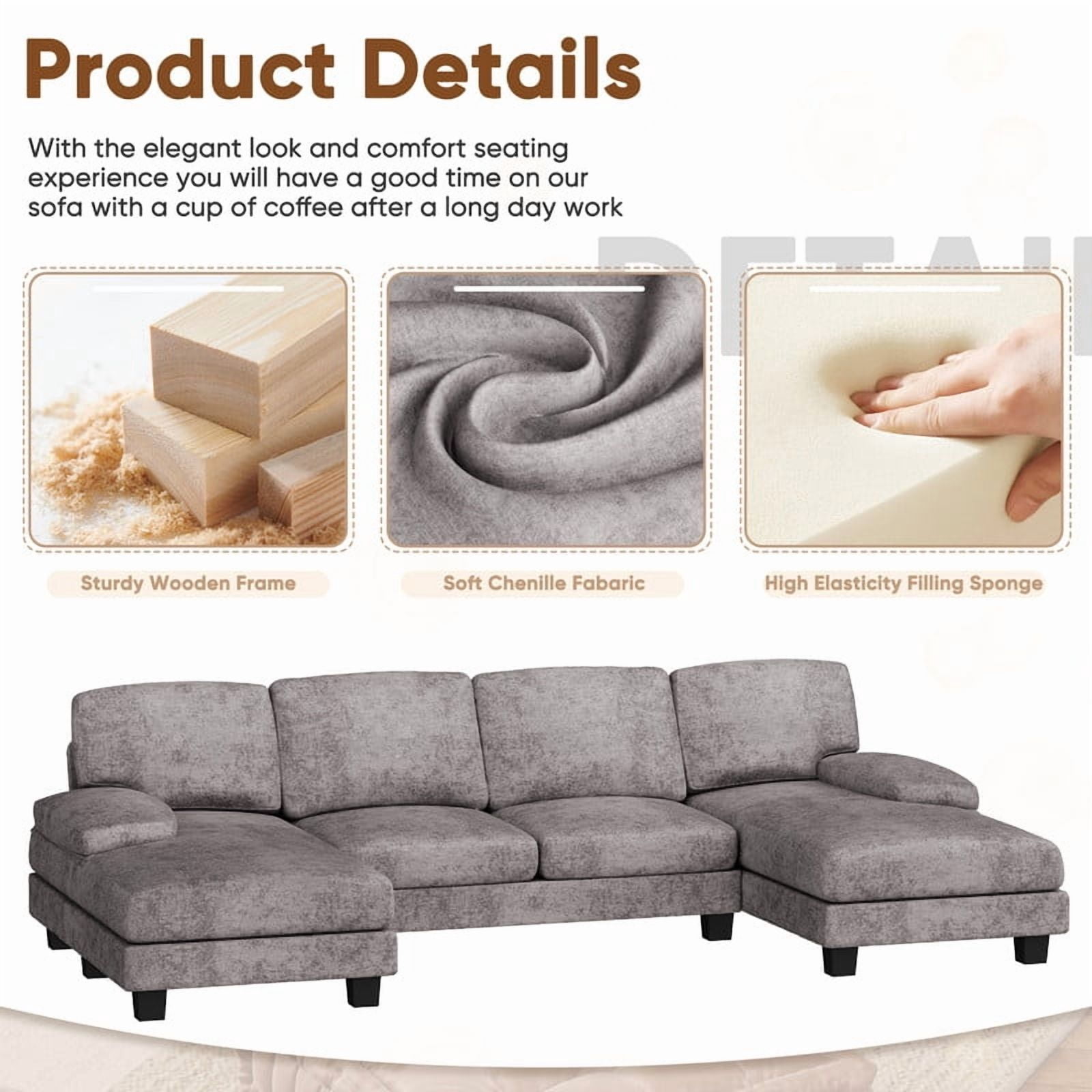 Furmax U Shaped Sectional Sofa Couch with Double Chaise for Apartments,Chenille Gray
