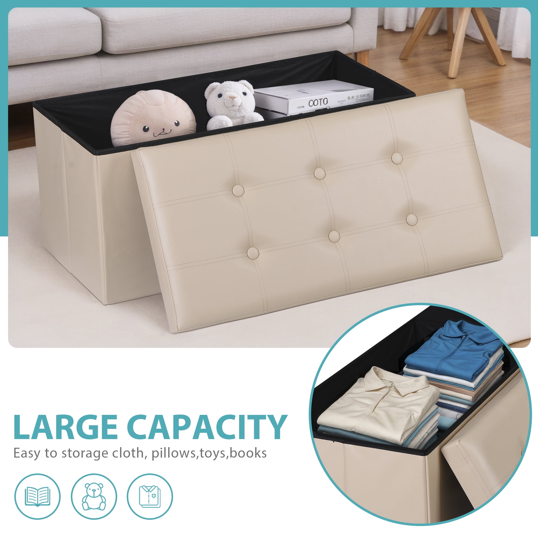 HomGarden 30'' Leather Storage Ottoman Bench Modern Foldable Footrest Padded Seat 350lbs Beige