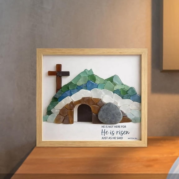 Fountwell Handmade Sea Glass Empty Tomb Wall Art, He Is Risen – Framed Mosaic Christian Religious Decor for Home, Office, Khaki