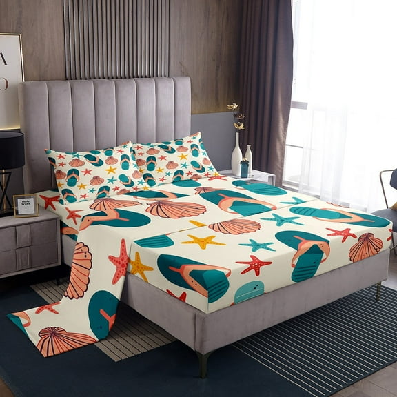 Erosebridal Flip Flops Twin Sheet Sets, Beach Slippers Bed Sheets Twin, Seashell Bedding Twin Size, Ultra Soft Room Decor, 3 Pieces