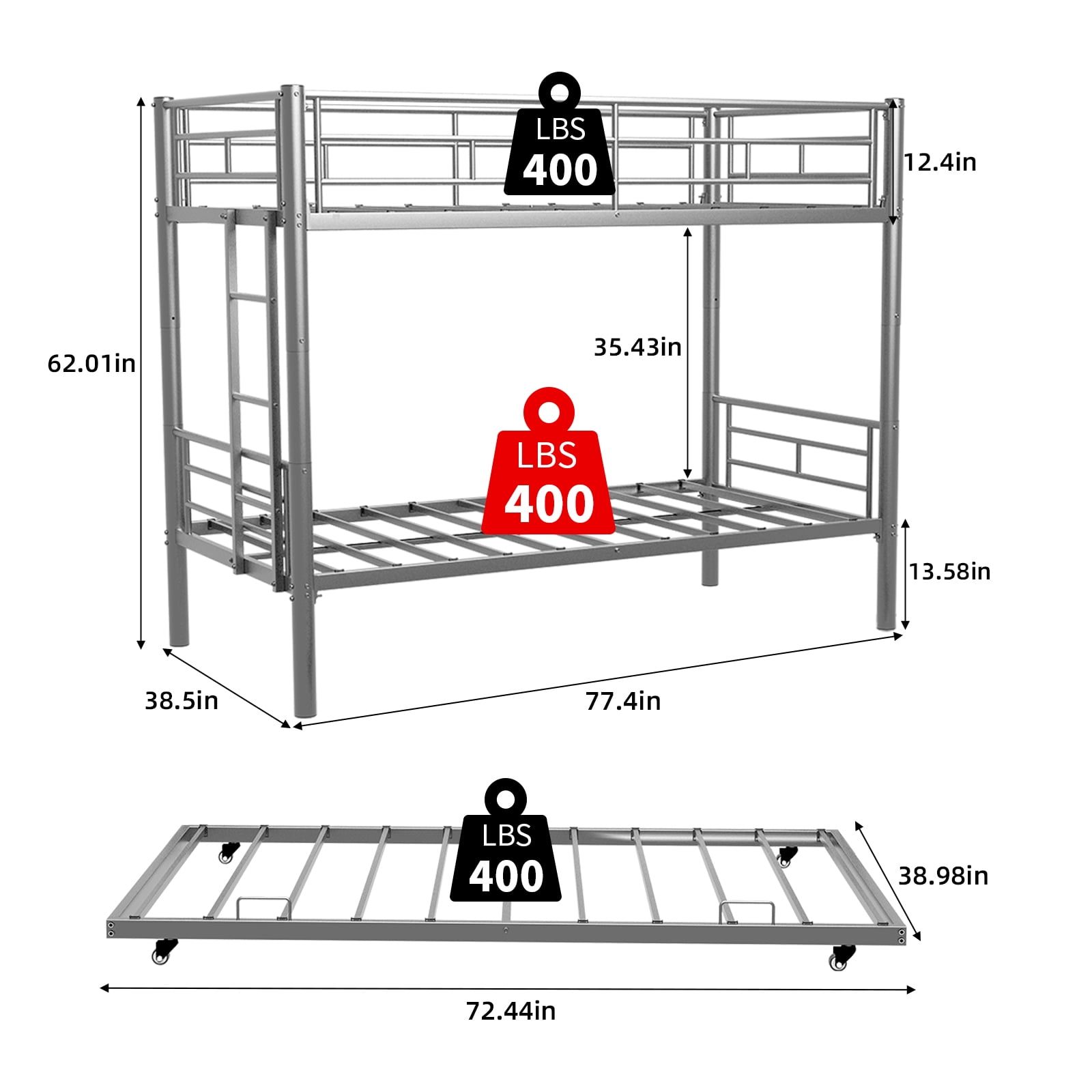 Alvantor Twin Bunk Bed with Trundle for Kids & Teens, Heavy Duty Metal Bed Frame, Triple Bunk Bed Silver